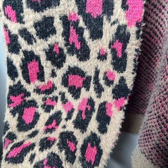 Leopard Open Front Fuzzy Cardigan Sweater M - Picture 3 of 6